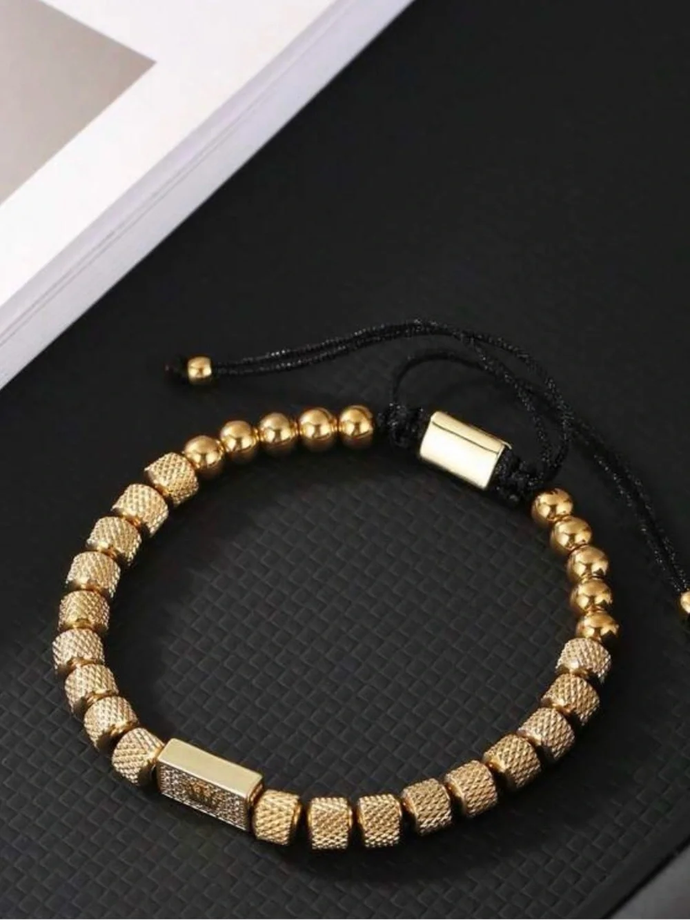 Gold Beaded Men's Bracelet with Black Cord